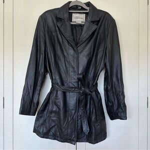 Modern Essential Women’s Trench Leather Jacket Tie Waist Button Closure Size L